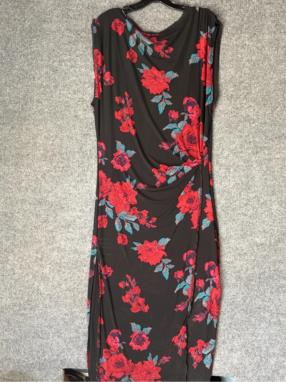 Free People Maxi Dress Womens XL Black Red Floral Teal Sleeveless Ruched Draped